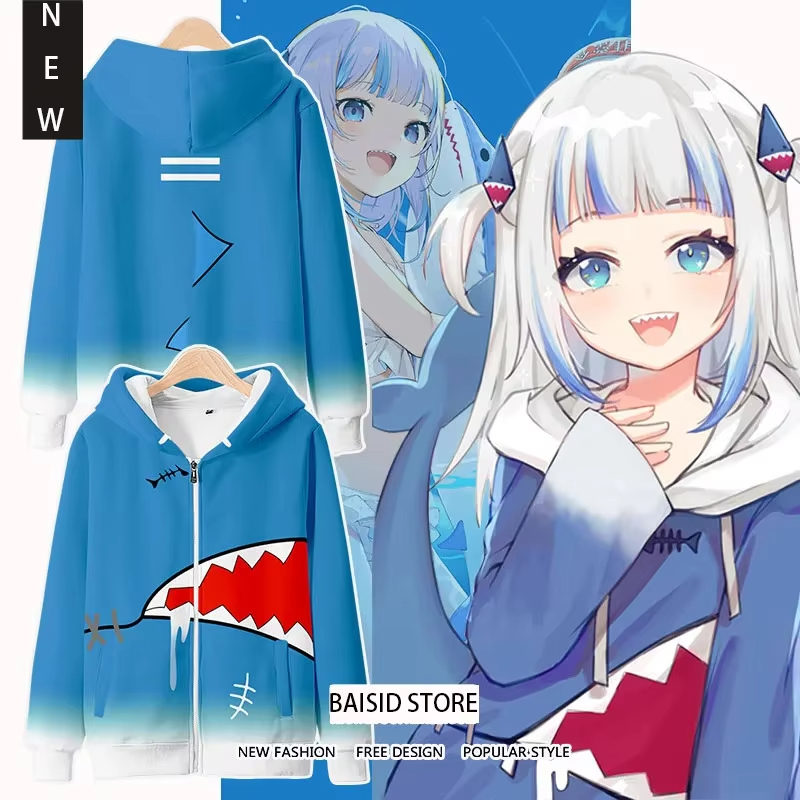 Cosplay Anime Basic - アニメ Gawr Gura コスプレ 3D 印刷パーカー男性女性ストリート特大スウェットジッパーパーカー男性トラックスーツ男服