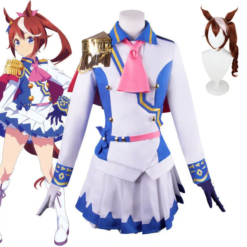 Anime Cosplay Mujer - アニメウマ娘トウカイテイオーコスプレ衣装ライソンアカデミー制服ネイビーカラーかわいいドレスショートスカートと帽子手袋ウィッグ