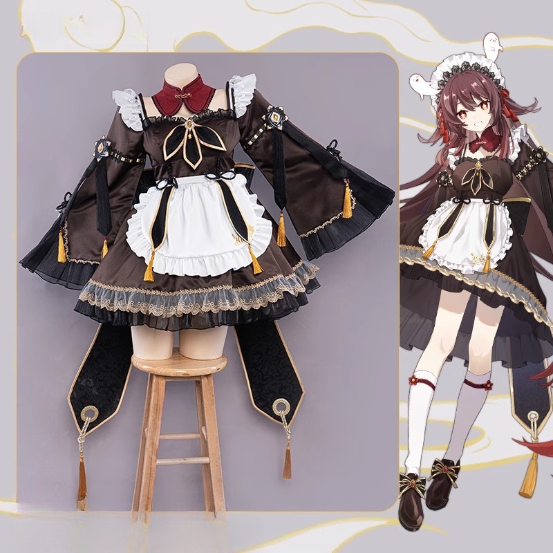 Anime Cosplay Maid - ゲーム原神インパクト胡タオメイドコスプレかわいいかわいい制服ドレスクリノリンスーツ女性のためのハロウィンアニメパーティーロールプレイ衣装