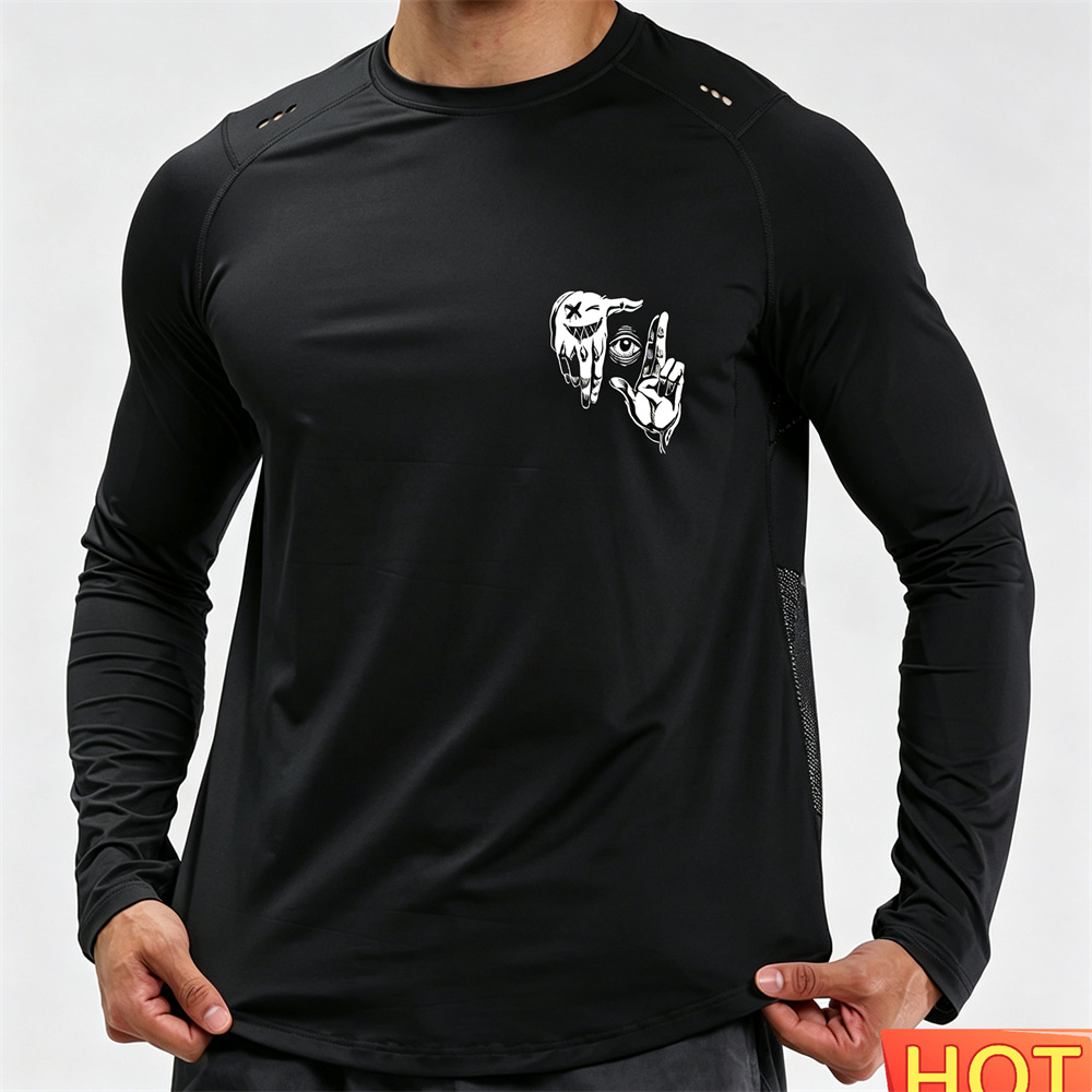 Anime & Cosplay Expo Acx 2025 - 秋のメンズフィットネス長袖Tシャツ アニメジェスチャーパターンTシャツ コットン製 伸縮性のあるゆったりフィットネスTシャツ ジム用メンズウェア