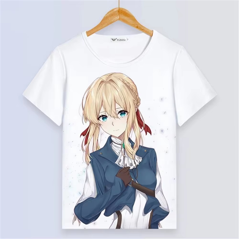 Cosplay Anime Basic - 原宿スタイルの女性のかわいい夏半袖漫画トップ、アニメヴァイオレットエヴァーガーデンコスプレカップルストリートウェアTシャツ