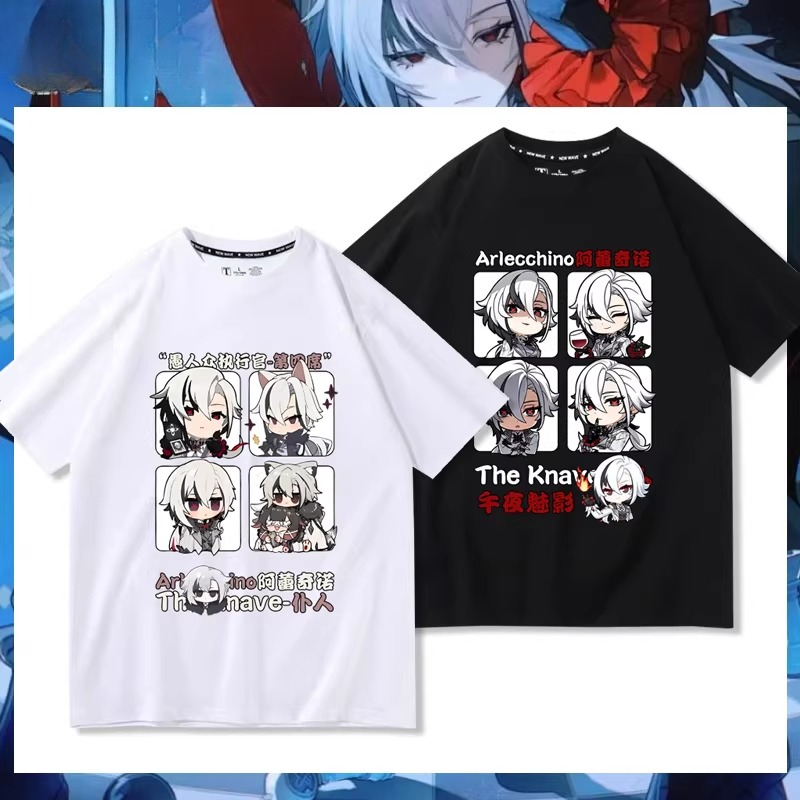 Cosplay Anime Basic - アニメ原神アルレッキーノコスプレ半袖 Tシャツ女性男性原宿トップス美的グラフィック Tシャツ綿 Tシャツ