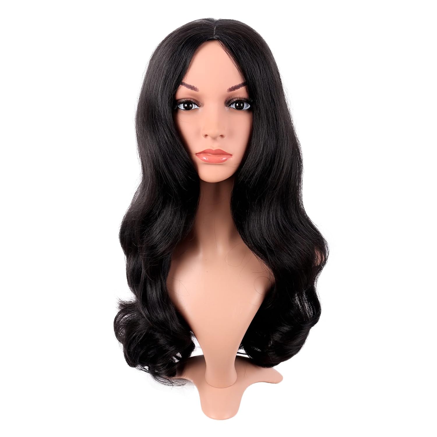 ロングカーリーヘア中間部コスプレウィッグ黒ファッションウィッ - Anime Cosplay Long Black Hair のレビューと価格