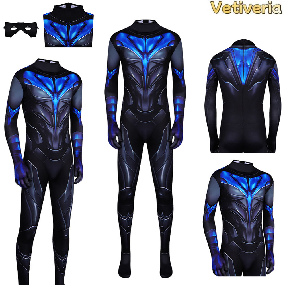 男性ナイトウィングコスプレジャンプスーツ衣装ボディスーツアイ - Anime Cosplay Outfits Male のレビューと価格